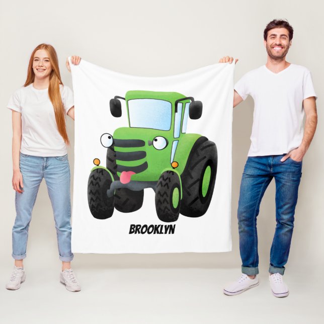 Cute green happy farm tractor cartoon illustration fleece blanket (In Situ)