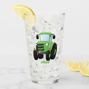 Cute green happy farm tractor cartoon illustration glass