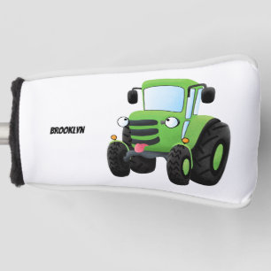 Cute green happy farm tractor cartoon illustration golf head cover