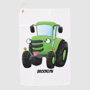 Cute green happy farm tractor cartoon illustration golf towel