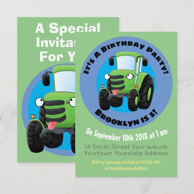 Cute green happy farm tractor cartoon illustration invitation (Front/Back)