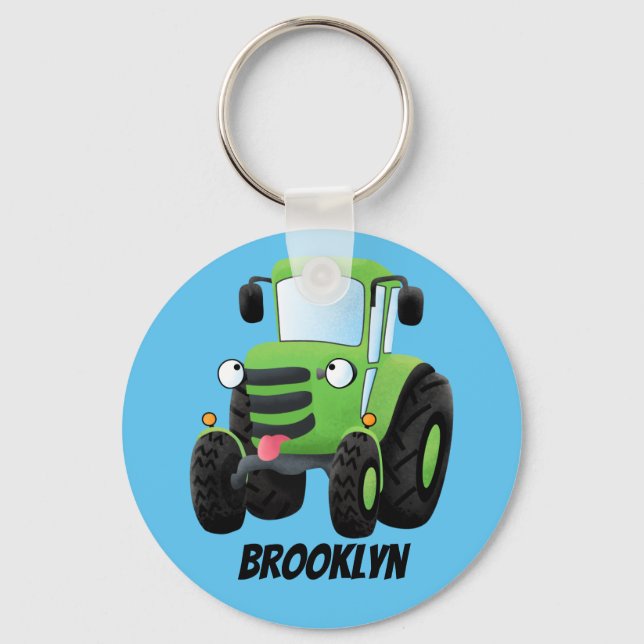 Cute green happy farm tractor cartoon illustration key ring (Front)