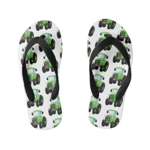 Cute green happy farm tractor cartoon illustration kid's flip flops