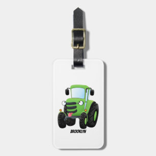 Cute green happy farm tractor cartoon illustration luggage tag