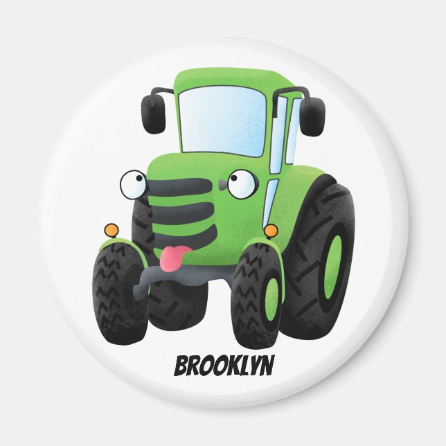 Cute green happy farm tractor cartoon illustration magnet (Front)