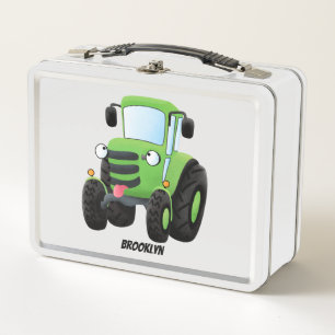Cute green happy farm tractor cartoon illustration metal lunch box
