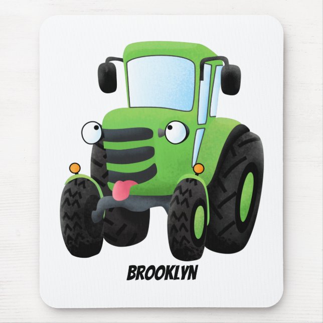 Cute green happy farm tractor cartoon illustration mouse mat (Front)