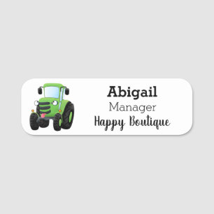 Cute green happy farm tractor cartoon illustration name tag