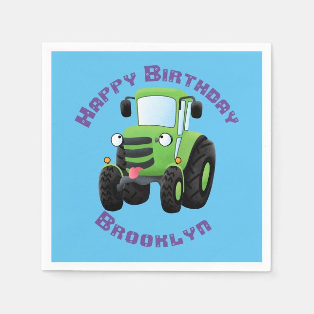 Cute green happy farm tractor cartoon illustration napkin (Front)