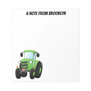 Cute green happy farm tractor cartoon illustration notepad