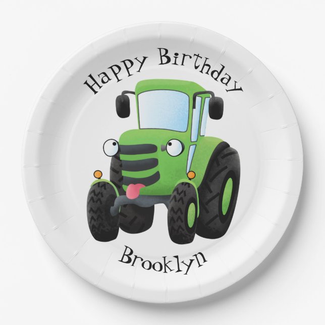 Cute green happy farm tractor cartoon illustration paper plate (Front)