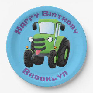 Cute green happy farm tractor cartoon illustration paper plate