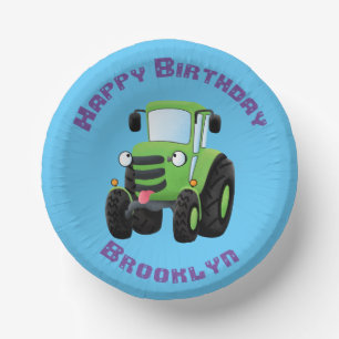 Cute green happy farm tractor cartoon illustration paper plate