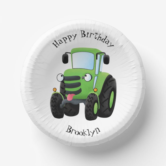 Cute green happy farm tractor cartoon illustration paper plate (Front)