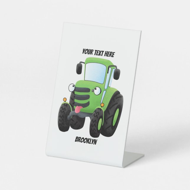 Cute green happy farm tractor cartoon illustration pedestal sign (Front)