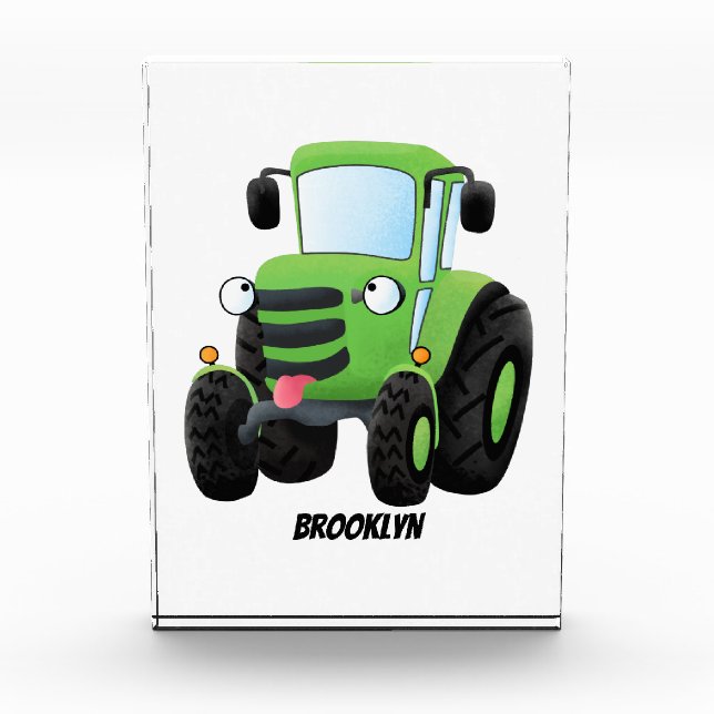 Cute green happy farm tractor cartoon illustration photo block (Front)