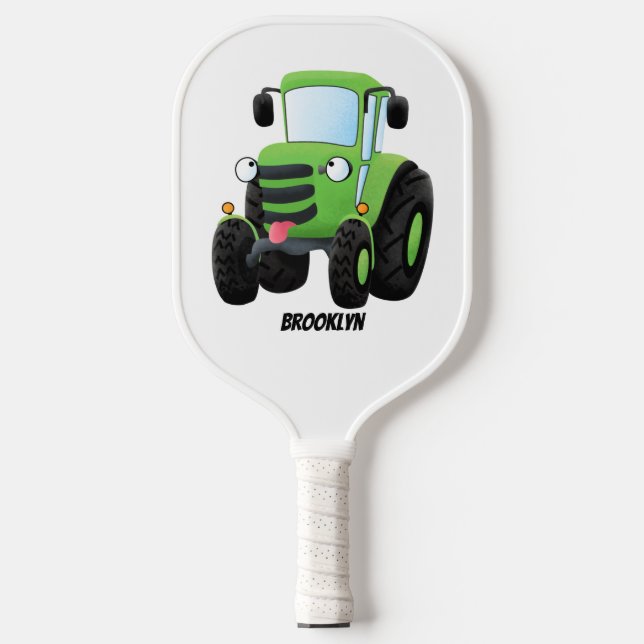 Cute green happy farm tractor cartoon illustration pickleball paddle (Front)