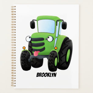 Cute green happy farm tractor cartoon illustration planner