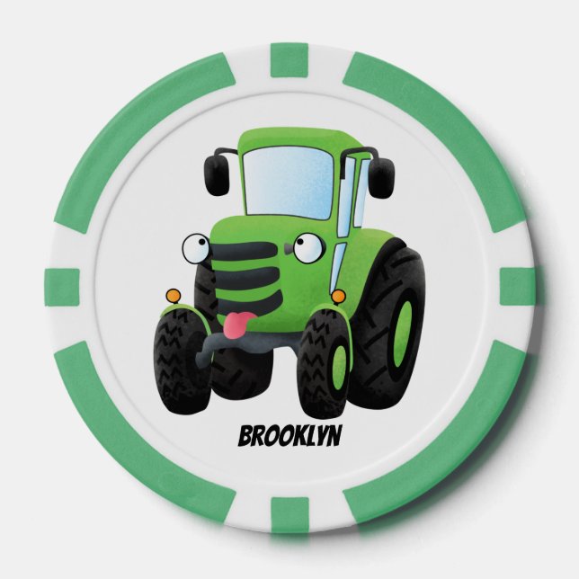 Cute green happy farm tractor cartoon illustration poker chips (Front)