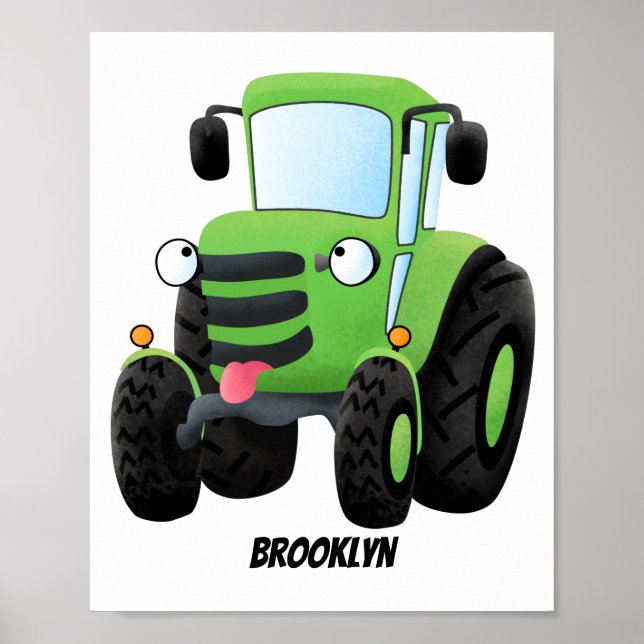 Cute green happy farm tractor cartoon illustration poster (Front)