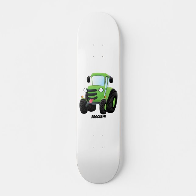 Cute green happy farm tractor cartoon illustration skateboard (Front)