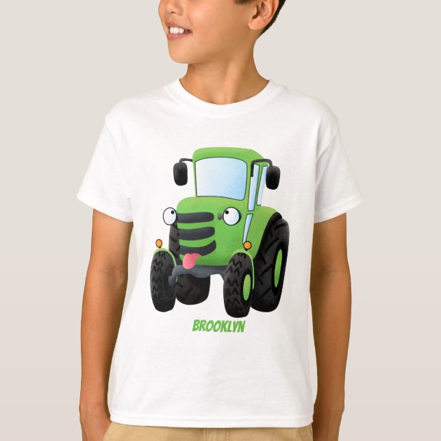 Cute green happy farm tractor cartoon illustration T-Shirt (Front)