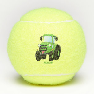 Cute green happy farm tractor cartoon illustration tennis balls