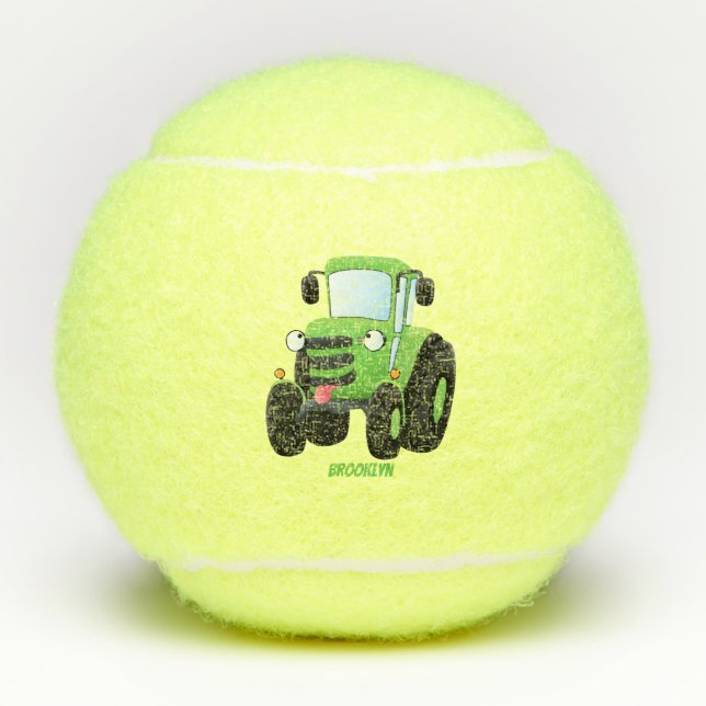 Cute green happy farm tractor cartoon illustration tennis balls (Front)
