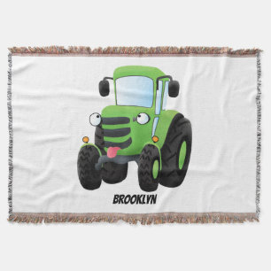 Cute green happy farm tractor cartoon illustration throw blanket
