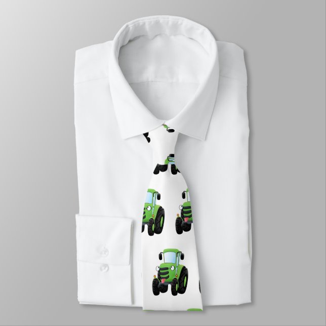 Cute green happy farm tractor cartoon illustration tie (Tied)