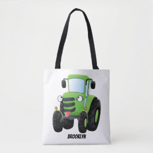 Cute green happy farm tractor cartoon illustration tote bag