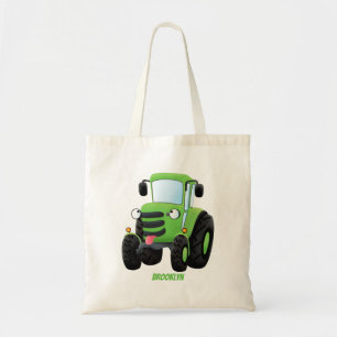 Cute green happy farm tractor cartoon illustration tote bag