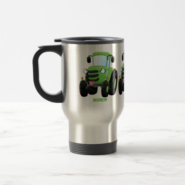 Cute green happy farm tractor cartoon illustration travel mug (Left)