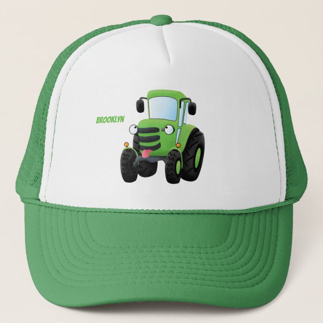 Cute green happy farm tractor cartoon illustration trucker hat (Front)