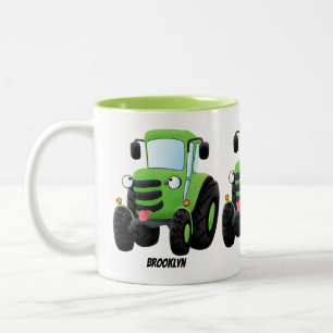 Cute green happy farm tractor cartoon illustration Two-Tone coffee mug