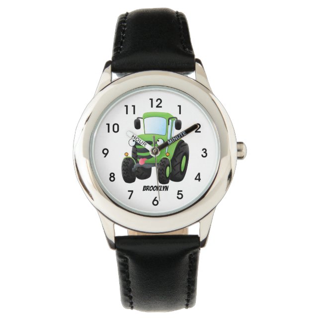 Cute green happy farm tractor cartoon illustration watch (Front)
