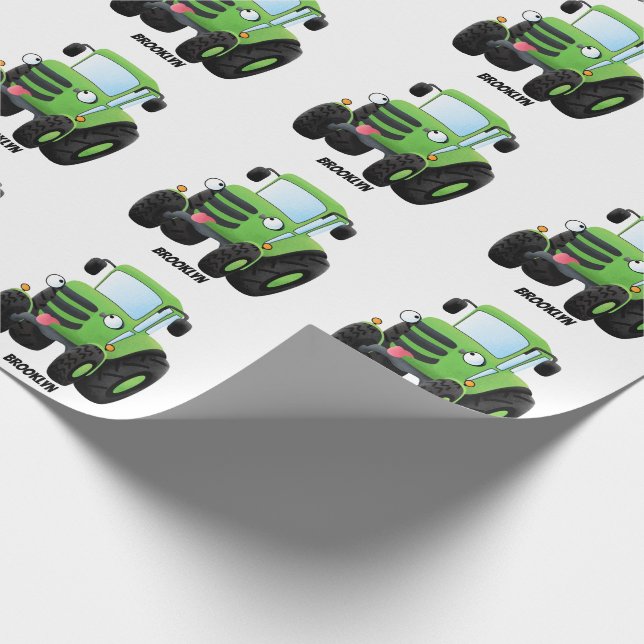 Cute green happy farm tractor cartoon illustration wrapping paper (Corner)