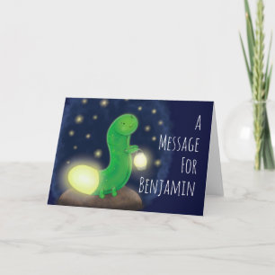 Cute green happy glow worm cartoon illustration card