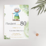 Cute Green Happy Grandmother Unique Birthday Invit Invitation<br><div class="desc">Cute and beautiful fun birthday invitation with an old lady with a cane waving. With a beautiful green background, you can personalize the text with your own information or click on customize further to make more changes. The gold accents are simulated and there is not actual foil or glitter in...</div>