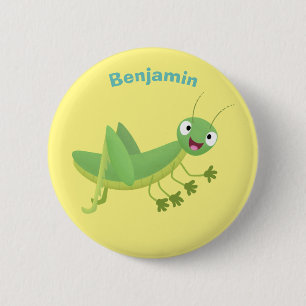 Cute green happy grasshopper cartoon 6 cm round badge