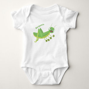 Cute green happy grasshopper cartoon baby bodysuit