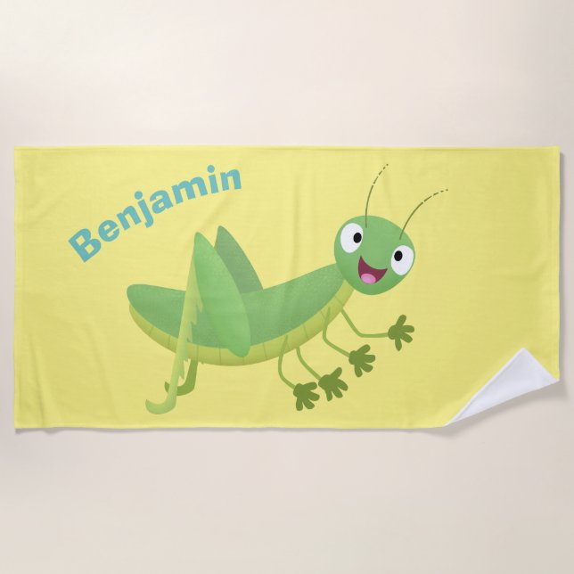 Cute green happy grasshopper cartoon beach towel (Front)