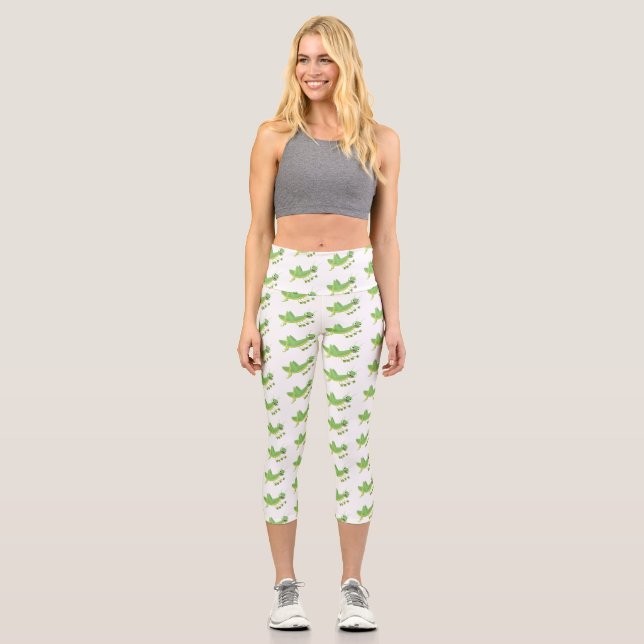 Cute green happy grasshopper cartoon capri leggings (Front)