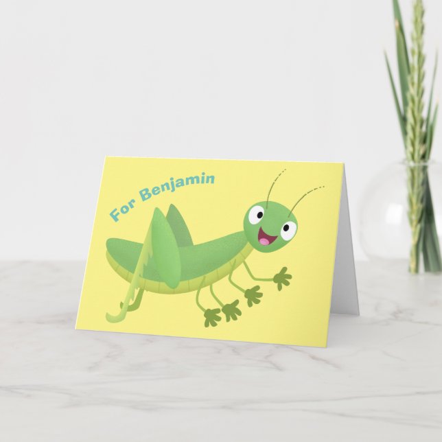 Cute green happy grasshopper cartoon card (Front)