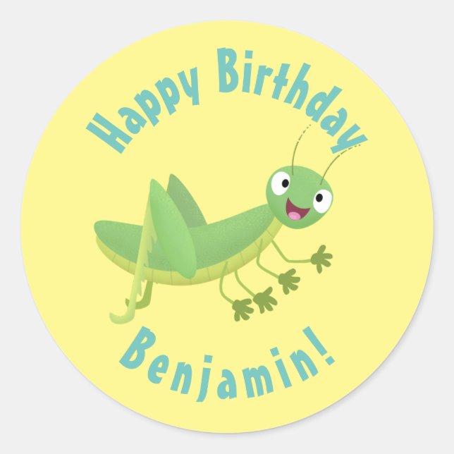 Cute green happy grasshopper cartoon classic round classic round sticker (Front)