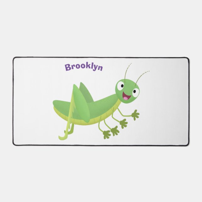 Cute green happy grasshopper cartoon desk mat (Front)