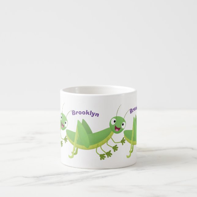 Cute green happy grasshopper cartoon espresso cup (Front)