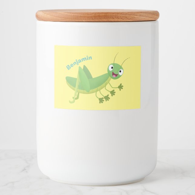 Cute green happy grasshopper cartoon food label (Front)