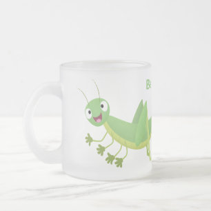 Cute green happy grasshopper cartoon frosted glass coffee mug