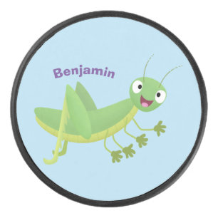 Cute green happy grasshopper cartoon hockey puck